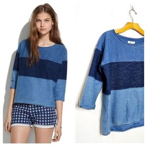 Madewell Blue Indigo Pullover Sweatshirt S Scoop Neck Boxy Fit Colorblock Stripe